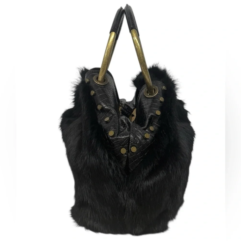 Vintage Adrienne Vittadini Black Black Double Handle Rabbit Fur Handbag Purse